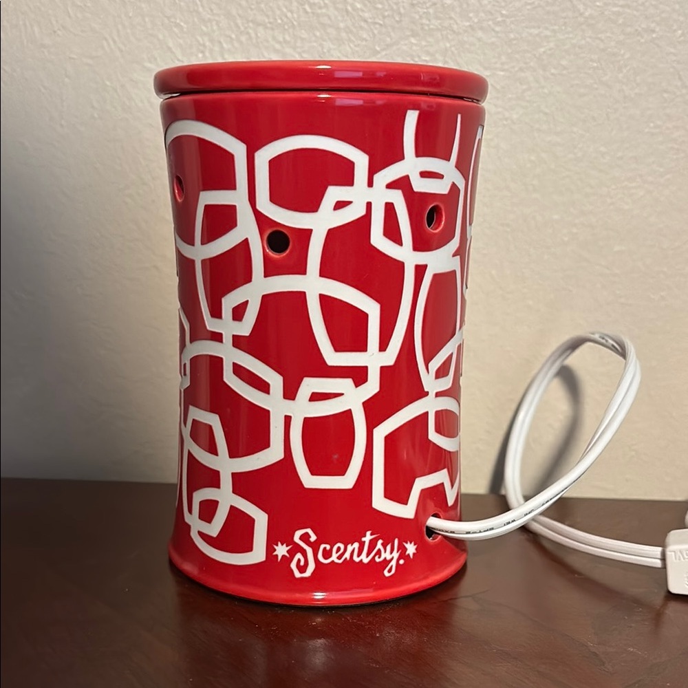 Scentsy Red Candle Holder with Abstract White Accents